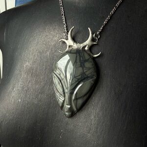 Spiderweb obsidian Alien Pendant Necklace with moons gothic witchy style jewelry